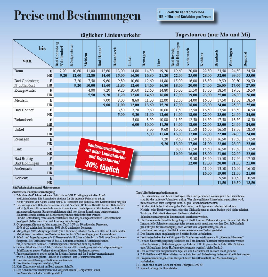 Preise Hauptsaison Personenschifffahrt Siebengebirge Bonn